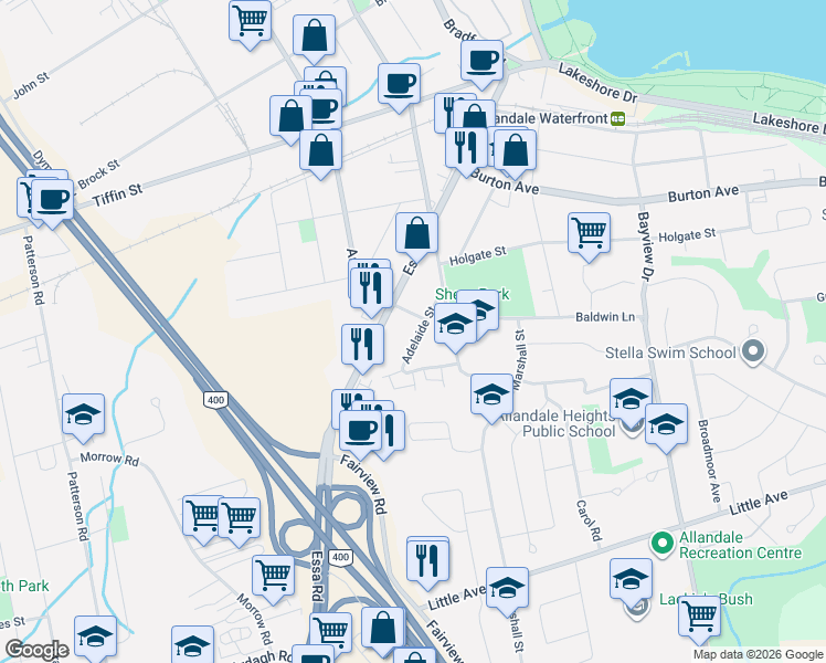 map of restaurants, bars, coffee shops, grocery stores, and more near 32 Adelaide Street in Barrie