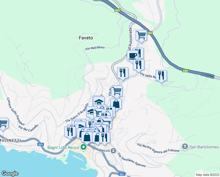 map of restaurants, bars, coffee shops, grocery stores, and more near 34 Via Privata Nicolò Paganini in Recco