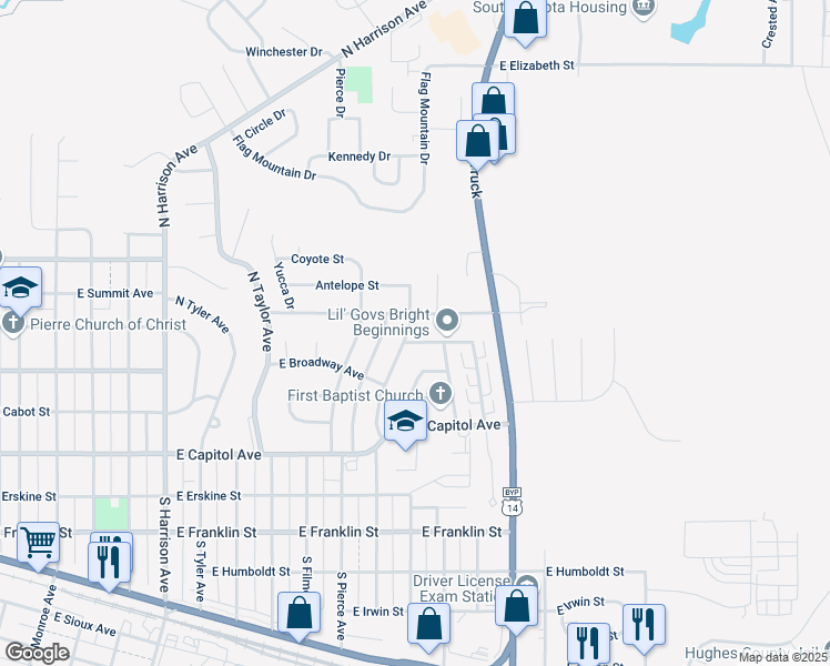 map of restaurants, bars, coffee shops, grocery stores, and more near 505 North Spruce Avenue in Pierre