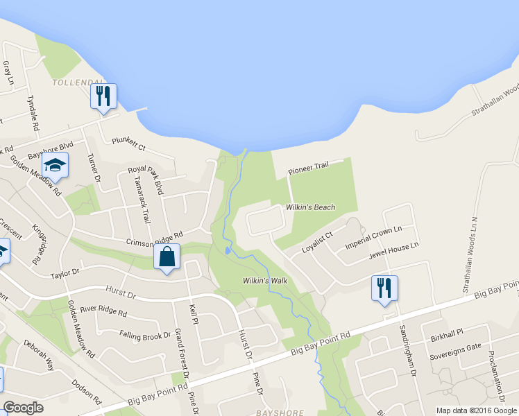map of restaurants, bars, coffee shops, grocery stores, and more near 33 Camelot Square in Barrie
