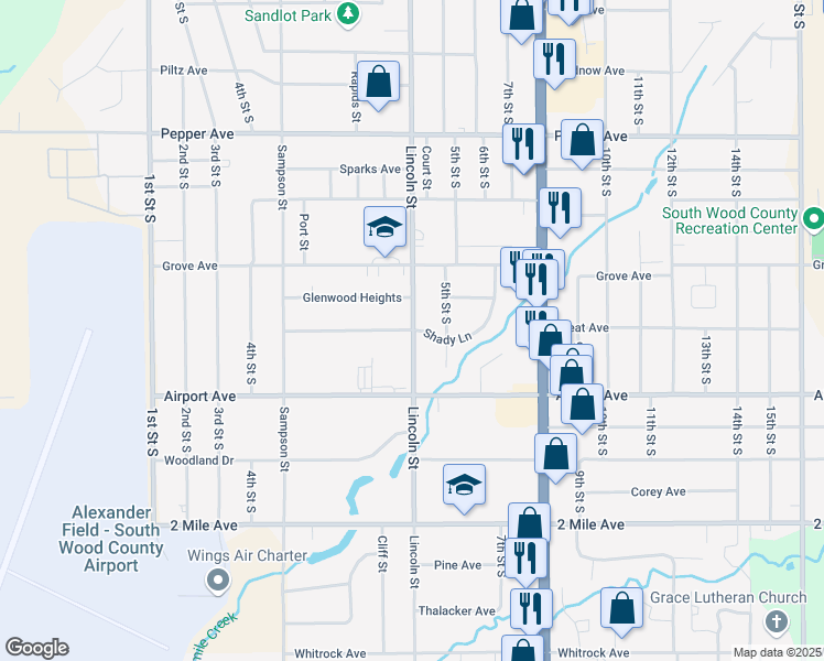 map of restaurants, bars, coffee shops, grocery stores, and more near 498 Shady Lane in Wisconsin Rapids