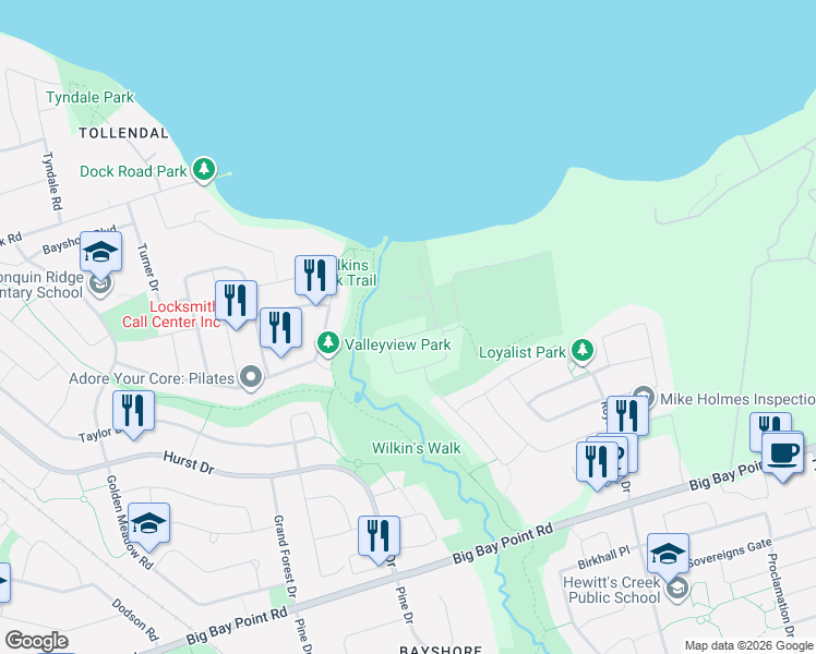 map of restaurants, bars, coffee shops, grocery stores, and more near 33 Camelot Square in Barrie