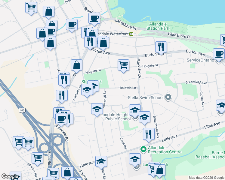 map of restaurants, bars, coffee shops, grocery stores, and more near 39 Baldwin Lane in Barrie