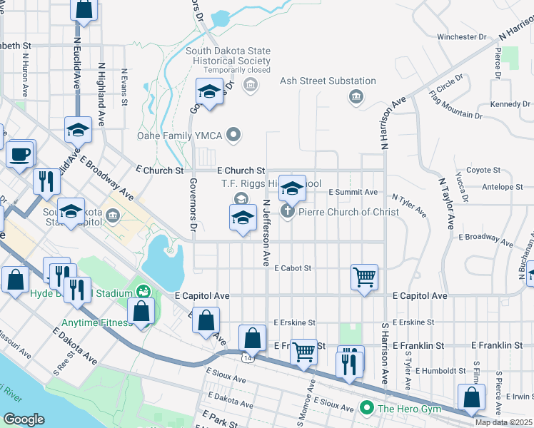map of restaurants, bars, coffee shops, grocery stores, and more near North Jefferson Avenue in Pierre