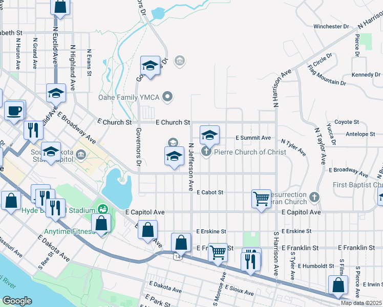 map of restaurants, bars, coffee shops, grocery stores, and more near North Jefferson Avenue in Pierre