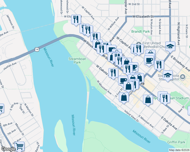map of restaurants, bars, coffee shops, grocery stores, and more near West Missouri Avenue in Pierre