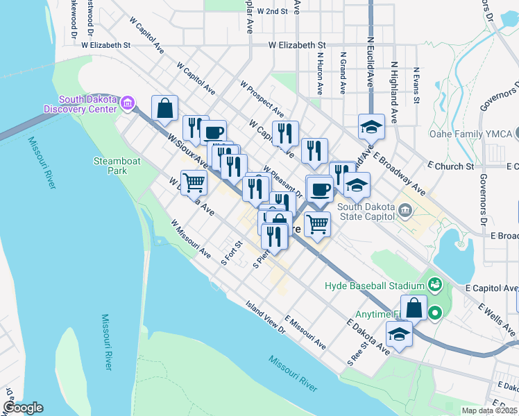 map of restaurants, bars, coffee shops, grocery stores, and more near 120 West Sioux Avenue in Pierre