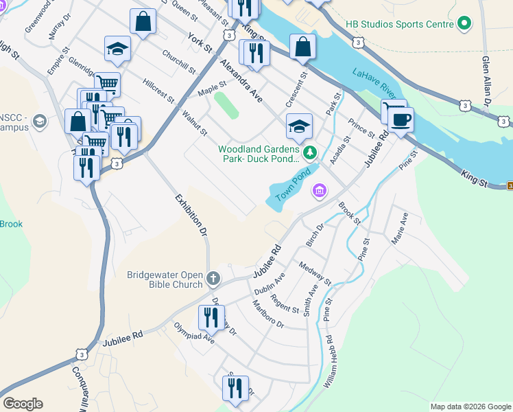 map of restaurants, bars, coffee shops, grocery stores, and more near Parkdale Avenue in Bridgewater