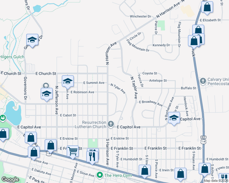map of restaurants, bars, coffee shops, grocery stores, and more near North Robinson Avenue in Pierre