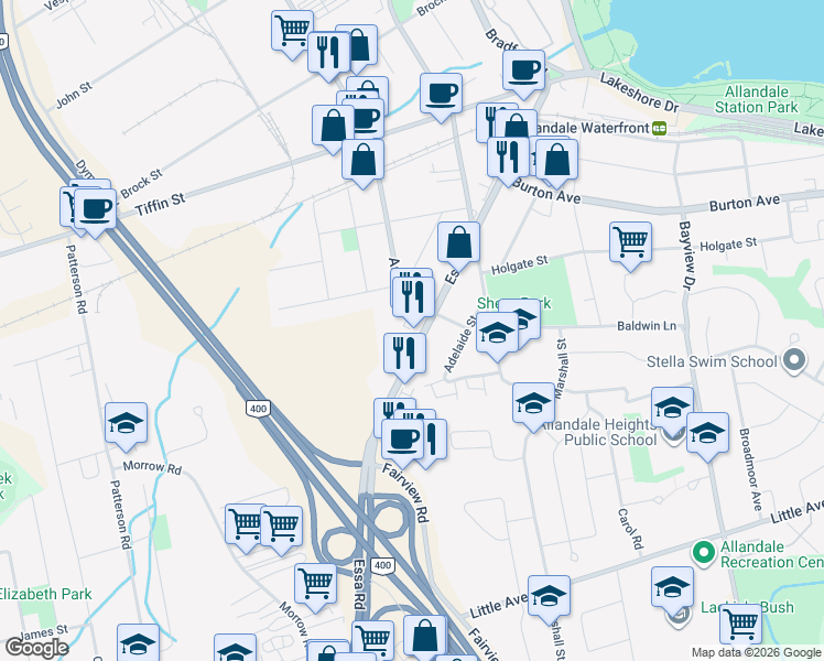 map of restaurants, bars, coffee shops, grocery stores, and more near 161 Essa Road in Barrie