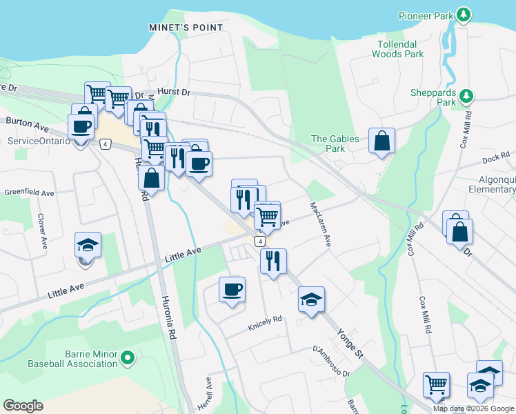 map of restaurants, bars, coffee shops, grocery stores, and more near 206 Yeates Avenue in Barrie