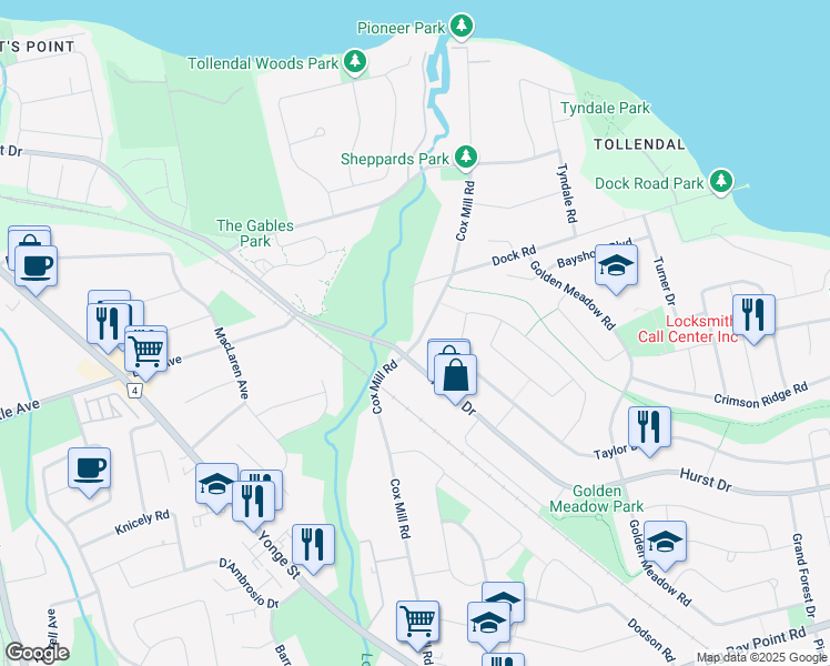 map of restaurants, bars, coffee shops, grocery stores, and more near 296 Cox Mill Road in Barrie