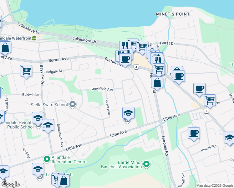 map of restaurants, bars, coffee shops, grocery stores, and more near 45 Briar Road in Barrie