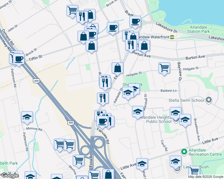 map of restaurants, bars, coffee shops, grocery stores, and more near 150 Essa Road in Barrie