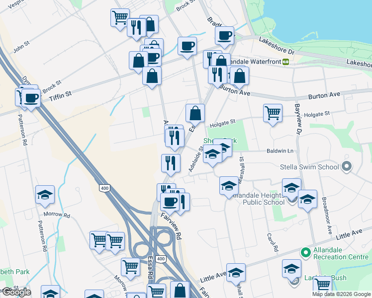 map of restaurants, bars, coffee shops, grocery stores, and more near 150 Essa Road in Barrie