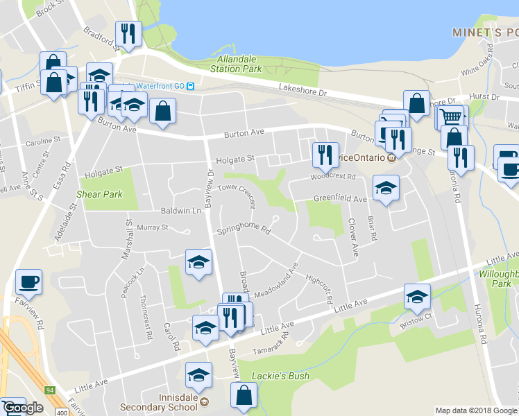 map of restaurants, bars, coffee shops, grocery stores, and more near 34 Tower Crescent in Barrie