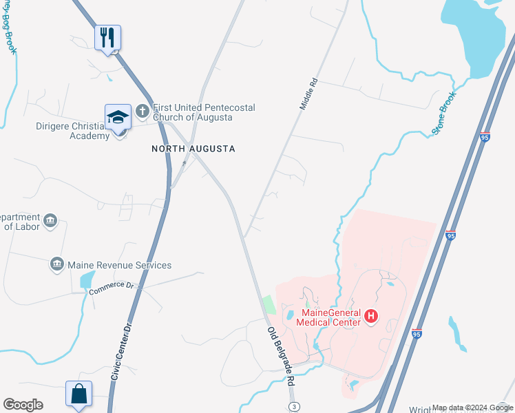 map of restaurants, bars, coffee shops, grocery stores, and more near 20 Middle Road in Augusta