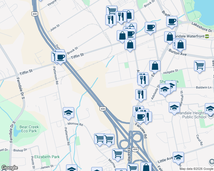 map of restaurants, bars, coffee shops, grocery stores, and more near 79 Campbell Avenue in Barrie