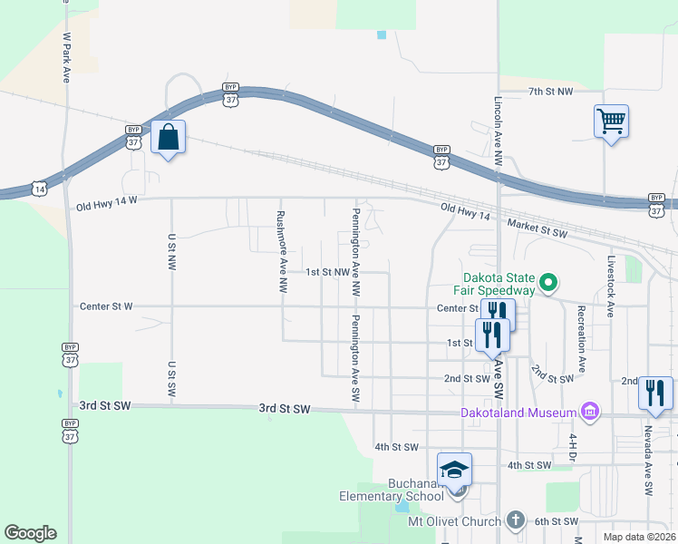 map of restaurants, bars, coffee shops, grocery stores, and more near 1st Street Northwest in Huron