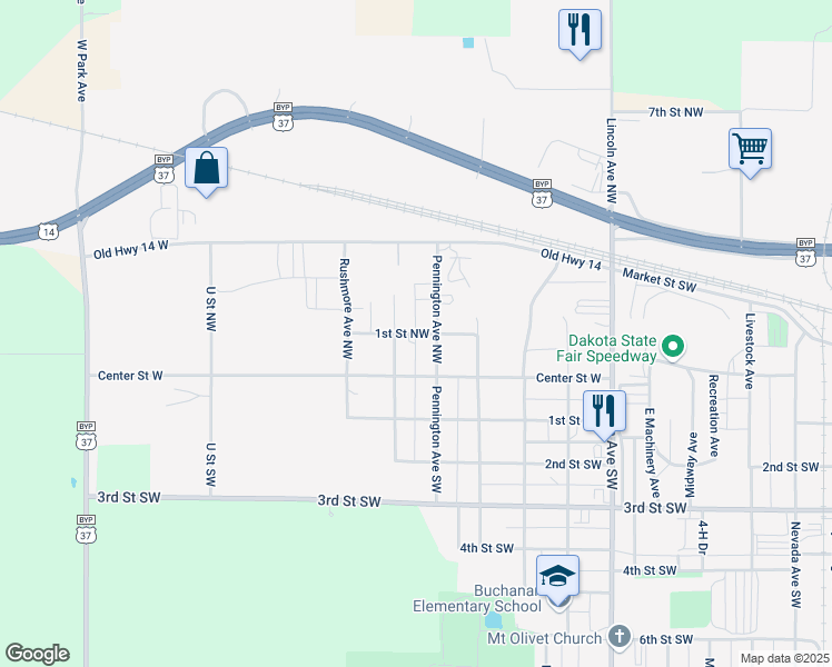 map of restaurants, bars, coffee shops, grocery stores, and more near 1st Street Northwest in Huron