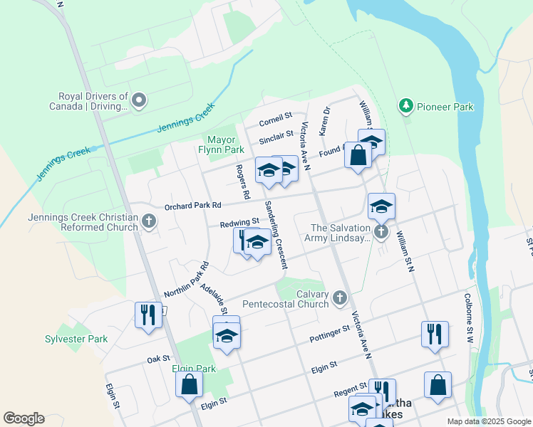 map of restaurants, bars, coffee shops, grocery stores, and more near 112 Orchard Park Road in Kawartha Lakes