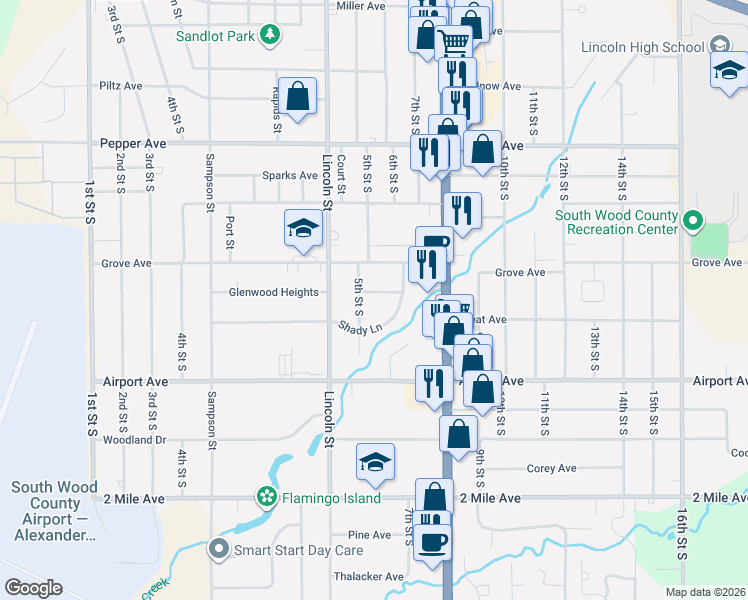 map of restaurants, bars, coffee shops, grocery stores, and more near 520 Glenwood Heights in Wisconsin Rapids