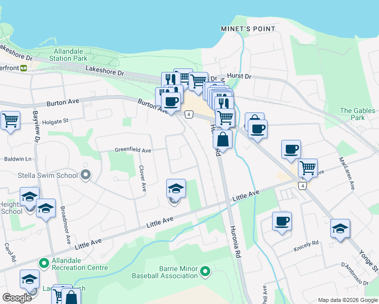 map of restaurants, bars, coffee shops, grocery stores, and more near 48 Garden Drive in Barrie