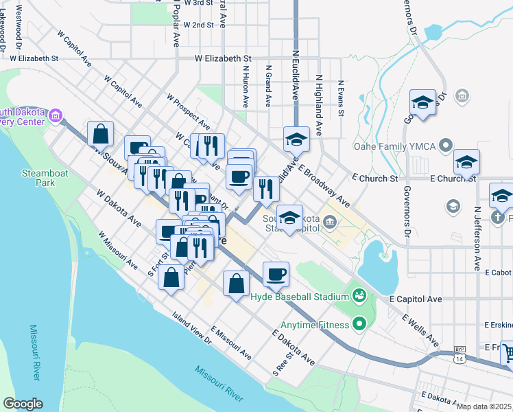 map of restaurants, bars, coffee shops, grocery stores, and more near in Pierre