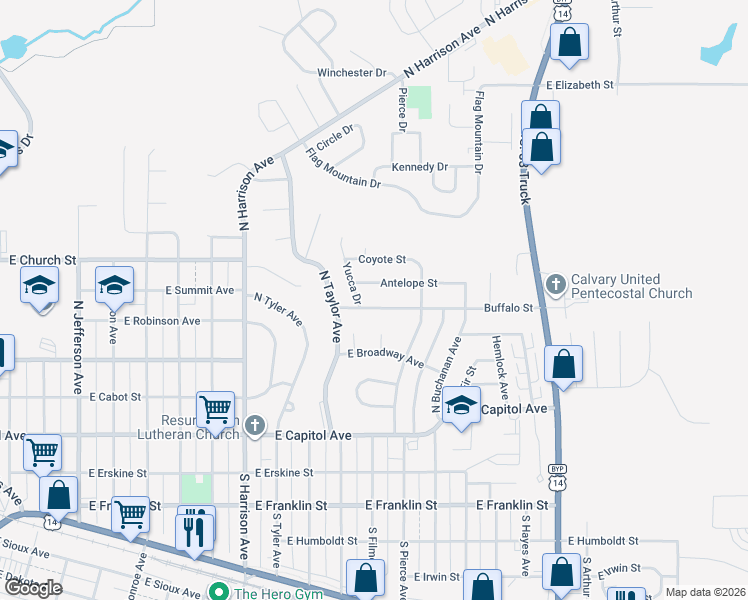 map of restaurants, bars, coffee shops, grocery stores, and more near Antelope St in Pierre