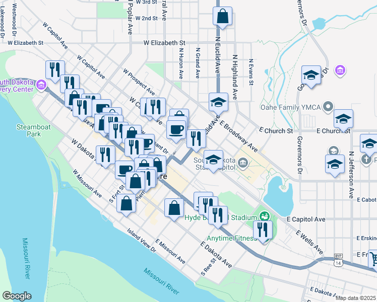 map of restaurants, bars, coffee shops, grocery stores, and more near in Pierre