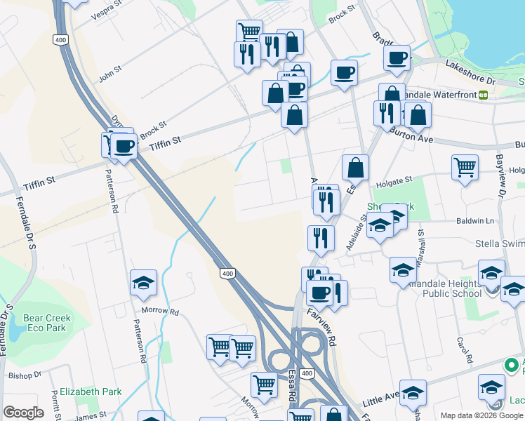 map of restaurants, bars, coffee shops, grocery stores, and more near 55 Campbell Avenue in Barrie