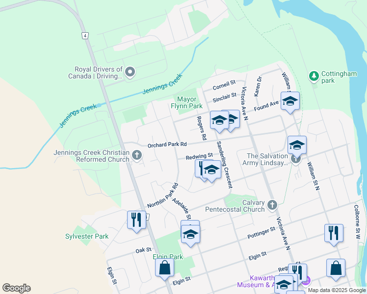 map of restaurants, bars, coffee shops, grocery stores, and more near 61 Orchard Park Road in Lindsay