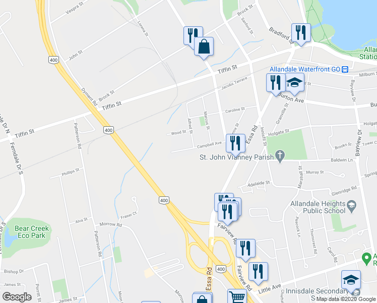 map of restaurants, bars, coffee shops, grocery stores, and more near in Barrie