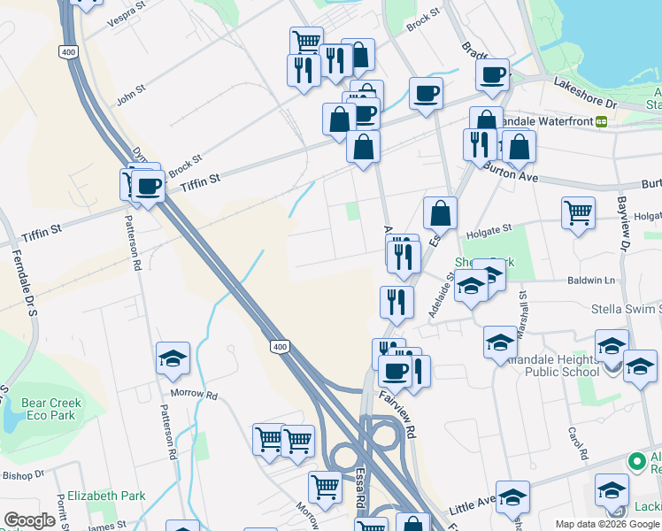 map of restaurants, bars, coffee shops, grocery stores, and more near 47 Campbell Avenue in Barrie
