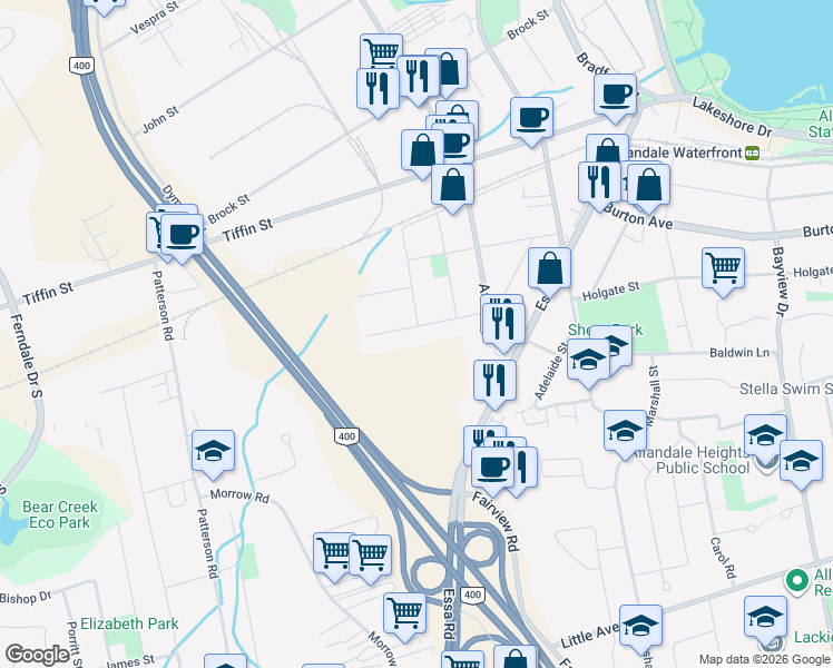 map of restaurants, bars, coffee shops, grocery stores, and more near 45 Campbell Avenue in Barrie