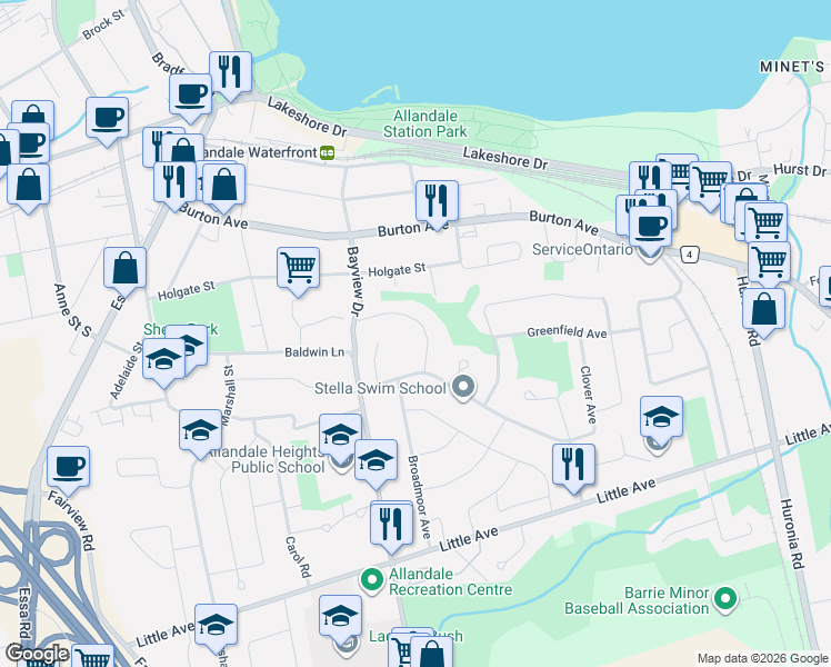 map of restaurants, bars, coffee shops, grocery stores, and more near 27 Tower Crescent in Barrie