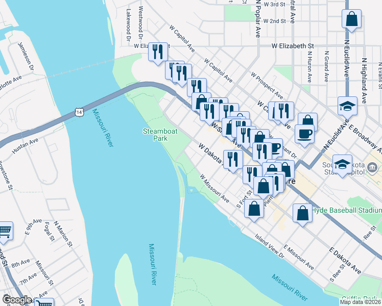 map of restaurants, bars, coffee shops, grocery stores, and more near 520 West Missouri Avenue in Pierre