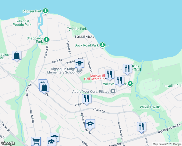 map of restaurants, bars, coffee shops, grocery stores, and more near 39 Turner Drive in Barrie