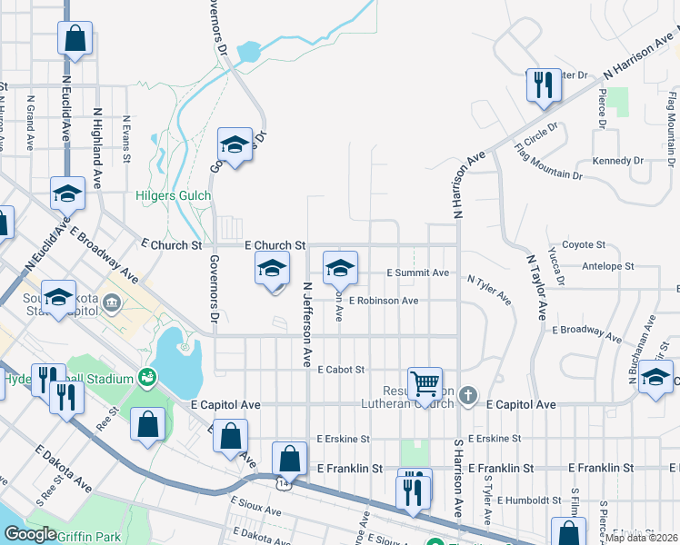 map of restaurants, bars, coffee shops, grocery stores, and more near North Madison Avenue in Pierre