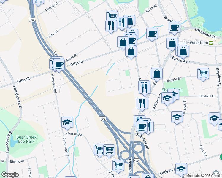 map of restaurants, bars, coffee shops, grocery stores, and more near 68 Campbell Avenue in Barrie