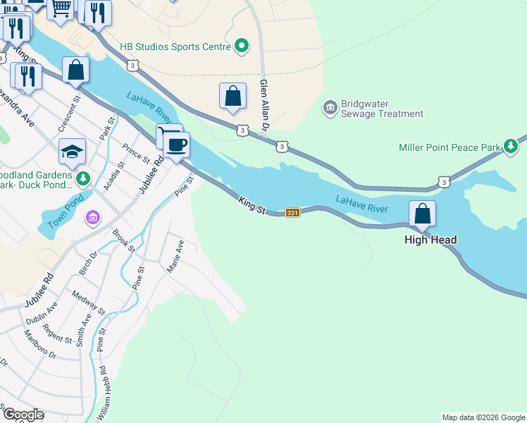 map of restaurants, bars, coffee shops, grocery stores, and more near 3 King Street in Bridgewater