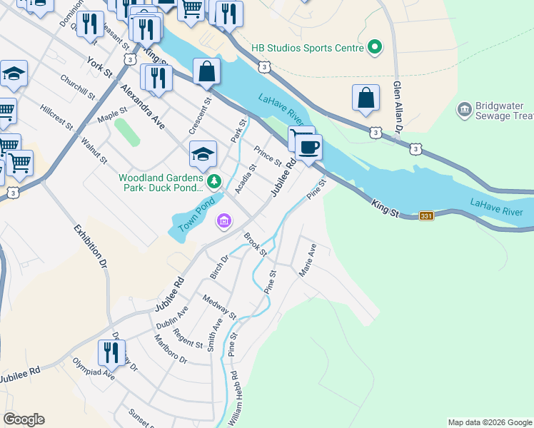 map of restaurants, bars, coffee shops, grocery stores, and more near 83 Jubilee Road in Bridgewater