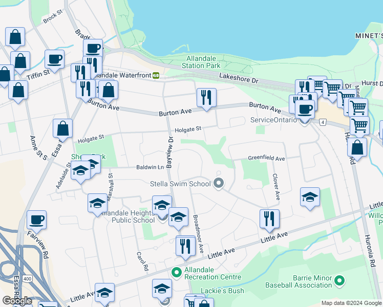 map of restaurants, bars, coffee shops, grocery stores, and more near 21 Tower Crescent in Barrie