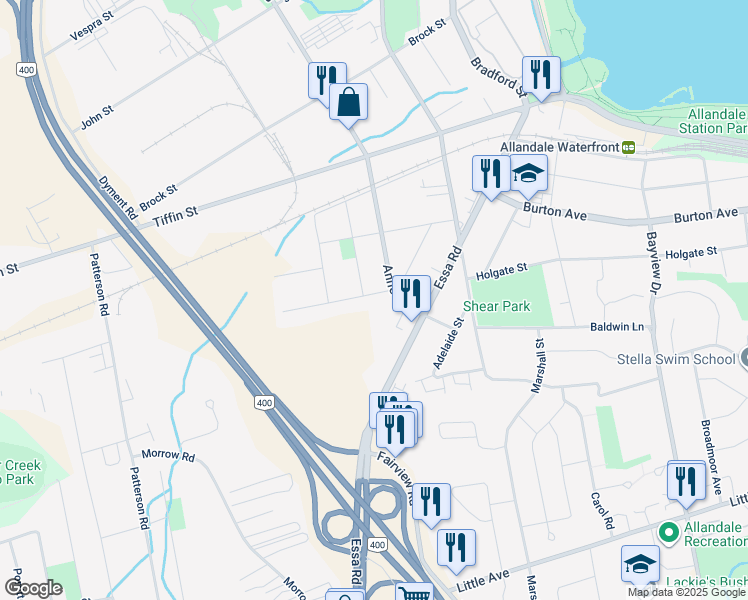map of restaurants, bars, coffee shops, grocery stores, and more near 11 Campbell Avenue in Barrie