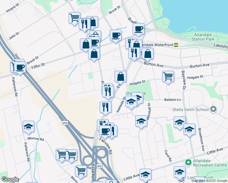 map of restaurants, bars, coffee shops, grocery stores, and more near 141 Essa Road in Barrie