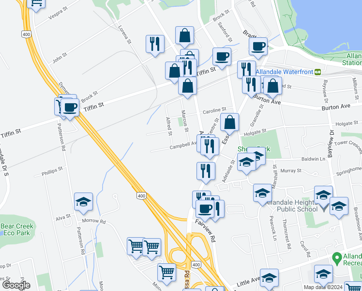 map of restaurants, bars, coffee shops, grocery stores, and more near Campbell Avenue in Barrie