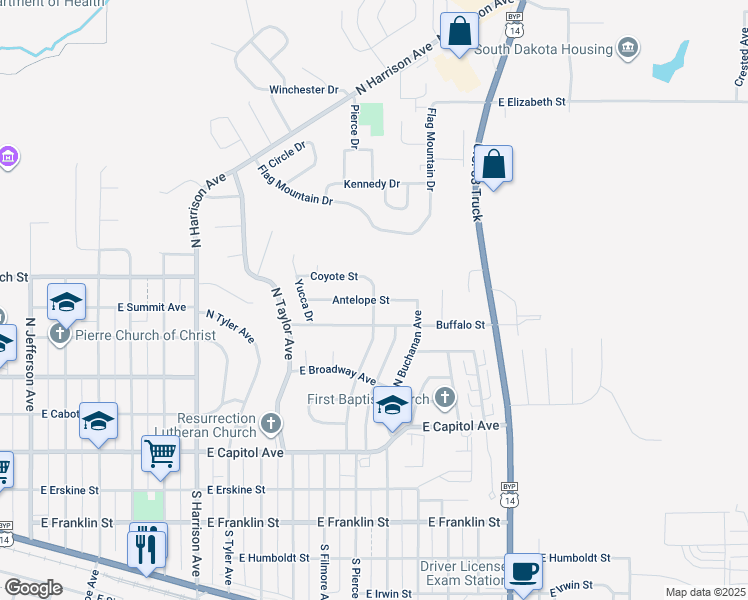map of restaurants, bars, coffee shops, grocery stores, and more near Antelope Street in Pierre