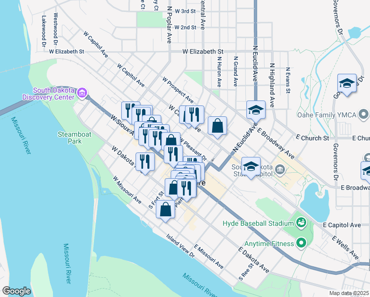 map of restaurants, bars, coffee shops, grocery stores, and more near 120 West Sioux Avenue in Pierre
