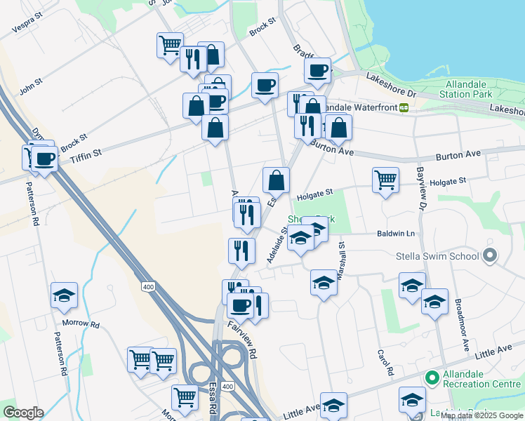 map of restaurants, bars, coffee shops, grocery stores, and more near in Barrie