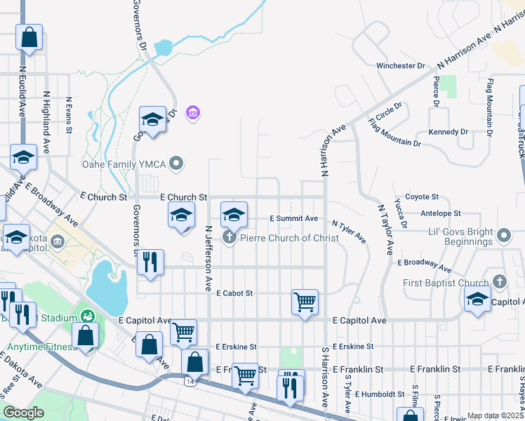 map of restaurants, bars, coffee shops, grocery stores, and more near 1312 East Summit Avenue in Pierre
